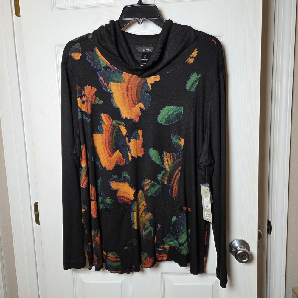 Ali Miles sz 2X black cowl neck tunic top NWT chic wearable art pockets casual